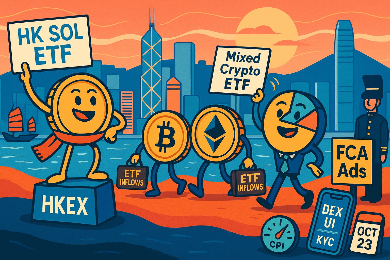 Solana現物ETFの香港上場見込み、米BTC/ETH現物ETFへの資金回帰、日本のDEX規制検討、英国FCAの広告規制強化、T. Rowe Priceの“混合”暗号資産ETF申請を、コインを擬人化した風刺的な構図で表現したアイキャッチ画像。