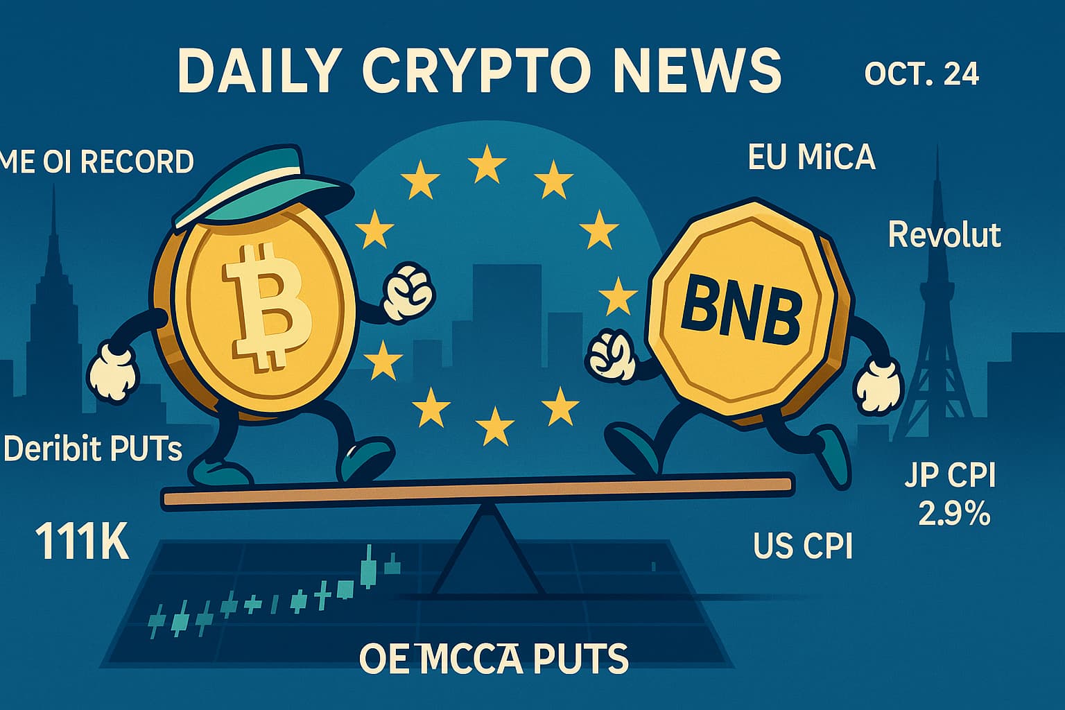 暗号資産ニュースのアイキャッチ：BTCとBNBがシーソーで均衡、背景にEU MiCA・CME建玉記録・DeribitのPUT、Revolut、日米CPIを示す要素を配したイラスト。11万ドル近辺の攻防と規制・指標の同時進行を象徴。