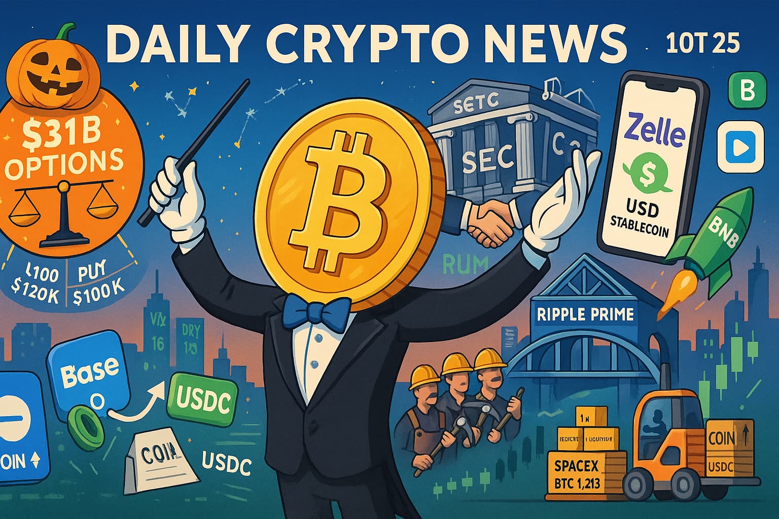ビットコインの擬人化コインが指揮棒を振り、ハロウィンの「10/31・$31Bオプション」やSEC/CFTCの握手、Zelleのステーブル送金、Ripple Prime、BNB、USAT、マイナー、SpaceXのBTC移動、Base・USDC・COINの矢印などを象徴的に配した横長イラスト