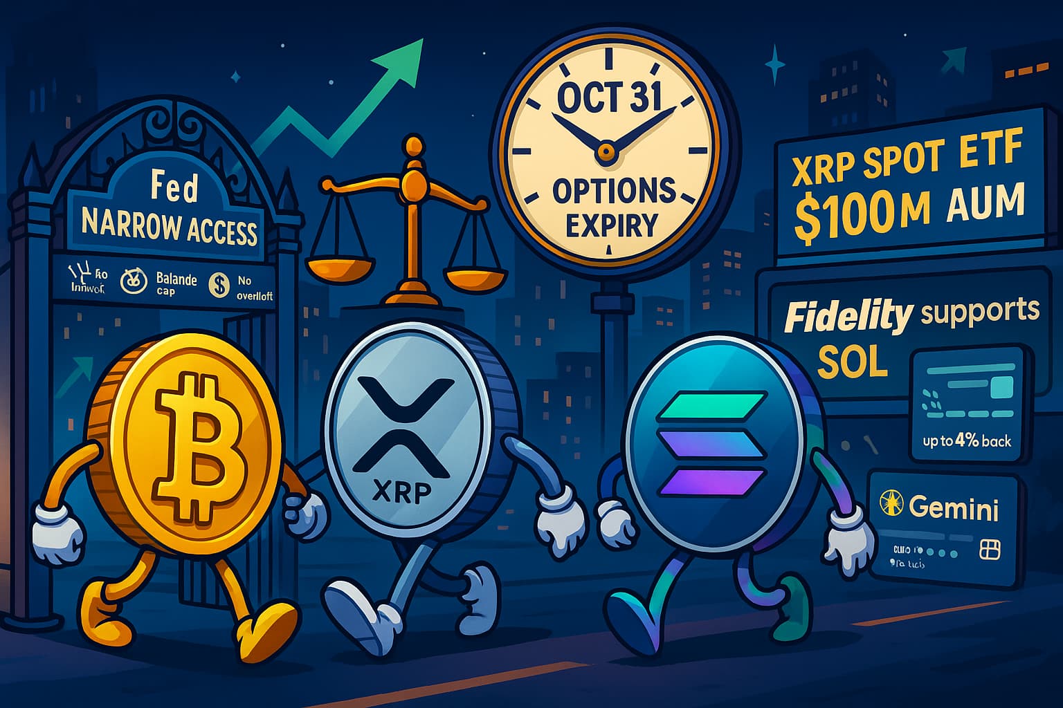 擬人化したビットコイン・XRP・Solanaが、FRBの「決済専用口座」（Narrow Access）ゲート、CFTCの天秤アイコン、XRP現物ETFの「$100M」ボード、10/31のオプション満期時計の前で動く様子を描いた編集イラスト。背景に上向き矢印と夜景。
