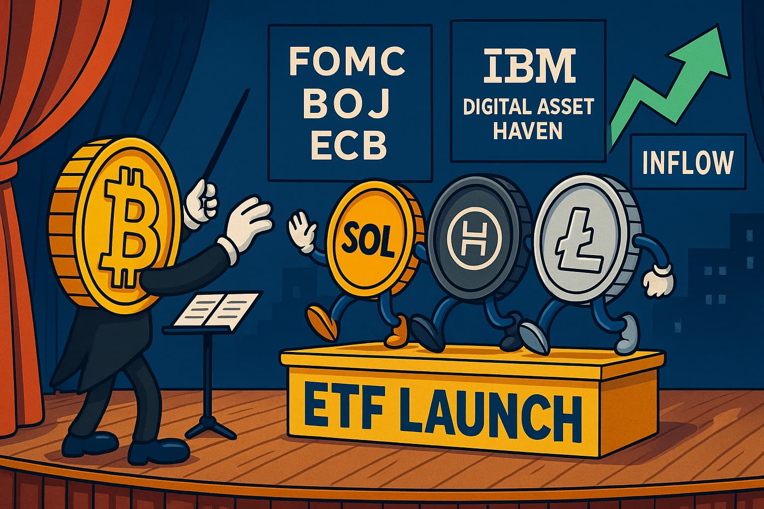 暗号資産の擬人化コイン(BTC・SOL・HBAR・LTC)が「ETF LAUNCH」の壇上で行進し、背景にFOMC・BOJ・ECB、IBMの機関向け基盤、資金流入を示す矢印を配したイラスト。明るい色調でニュースの主題を風刺的に表現。