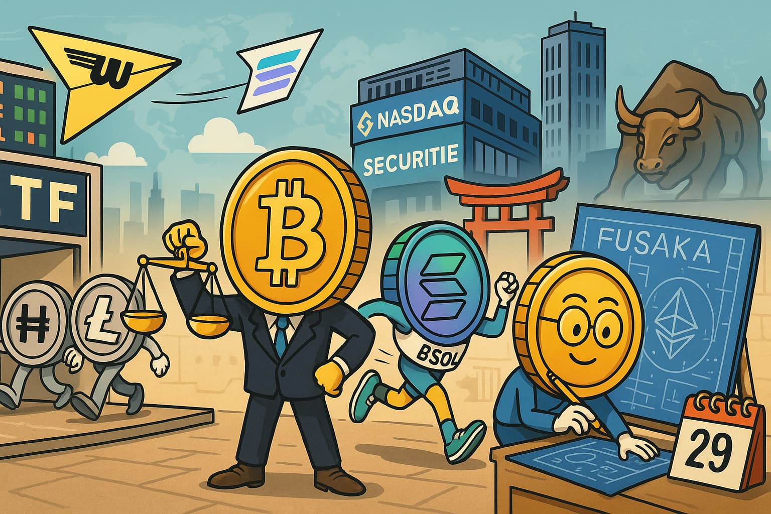 ビットコイン・ソラナ・ヘデラ・ライトコインを擬人化し、BSOLが先頭を走り、背景にNASDAQと鳥居、右手でイーサリアムが「FUSAKA」設計図を書く様子を描いた横長イラスト。Western Unionの紙飛行機がSolanaロゴとともに飛ぶ。