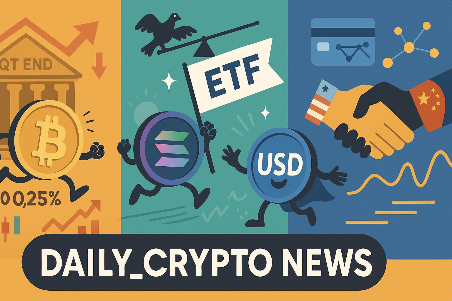 FOMCの0.25％利下げとQT終了を背景に、ビットコイン・ソラナ・USDステーブルコインを擬人化。SOLはETF旗を掲げ、カード決済ネットワークと米中握手のモチーフでステーブル決済と首脳会談を示す。下部にDaily_crypto_newsの文字。