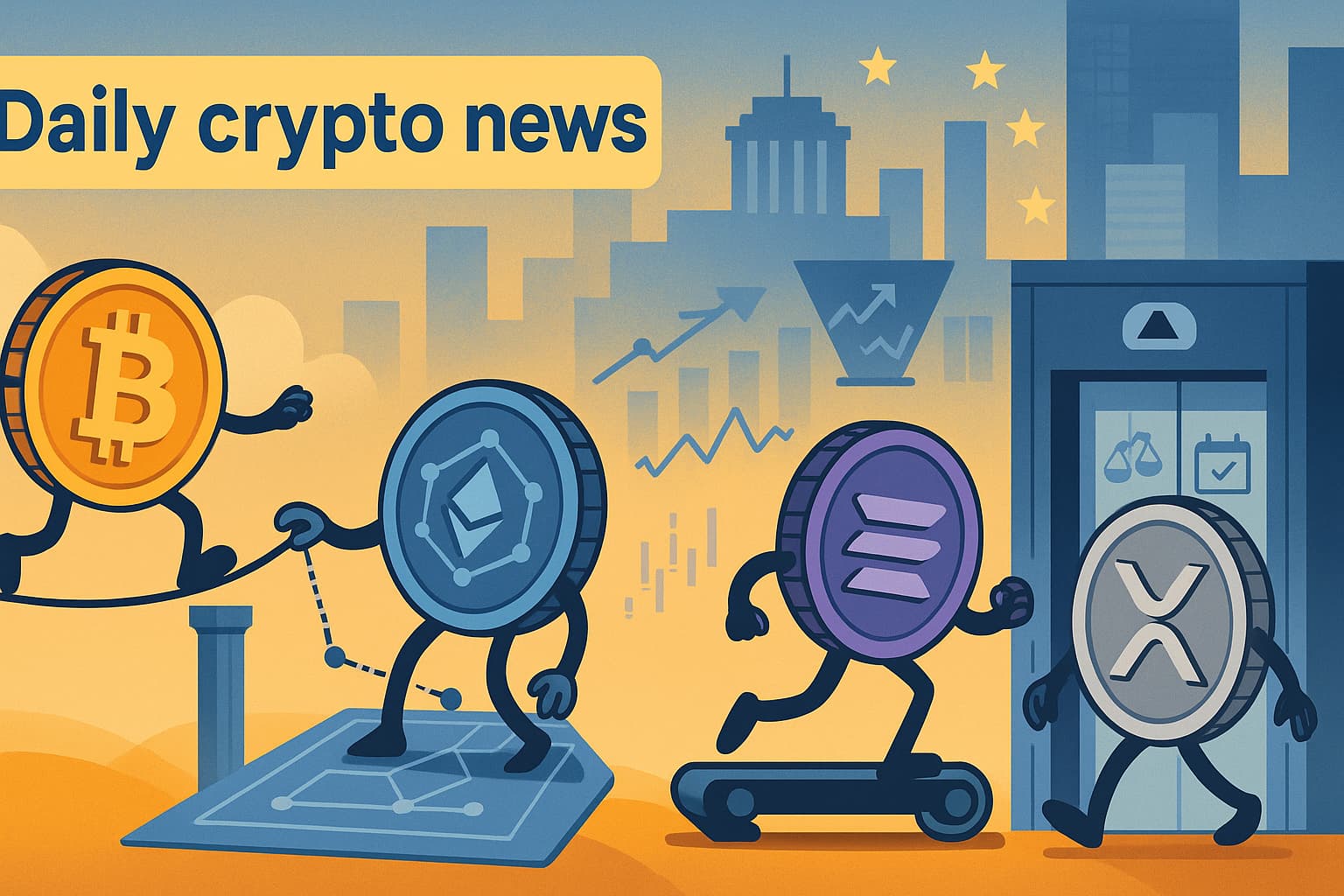擬人化したコインが横長のキャンバスで動くイラスト。BTCは綱渡り、ETHはネットワーク盤上で検証、SOLはトレッドミルで走り、XRPはエレベーターに乗り込む。背景に相場グラフや規制アイコンが描かれ、「Daily_crypto_news」の英字見出しが左上に表示。
