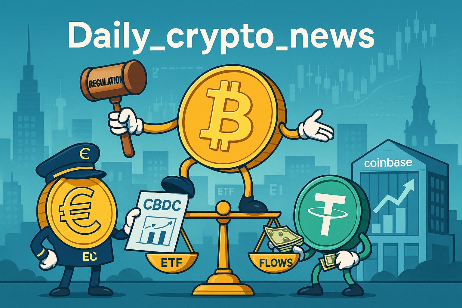 ビットコイン・ユーロ・テザーを擬人化し、規制とETFフローの綱引きを描いた編集イラスト。「Daily_crypto_news」の英字タイトルと、背景にチャートと都市景観を配した横長画像。