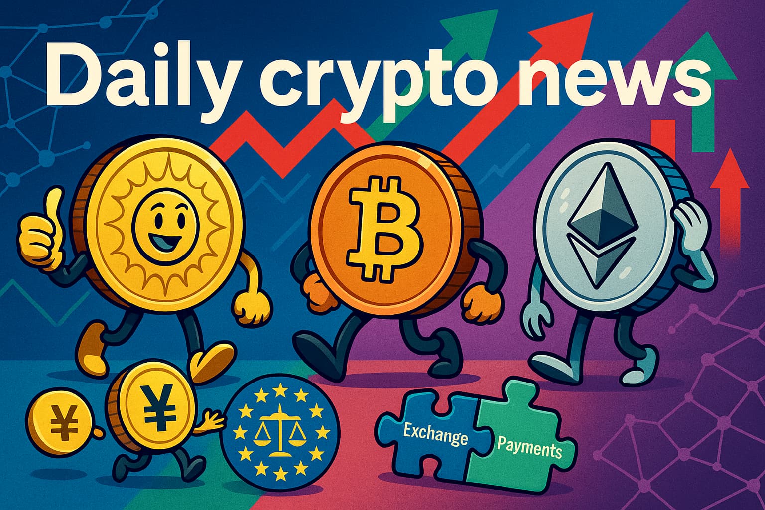 横長の編集イラスト。「Daily crypto news」の文字と、SOL・BTC・ETHの擬人化コイン、円マークのJPYCコイン、EU星環と天秤、取引所と決済を示すパズルピースを配し、相場の上向き／下向き矢印を背景に描いた構図。