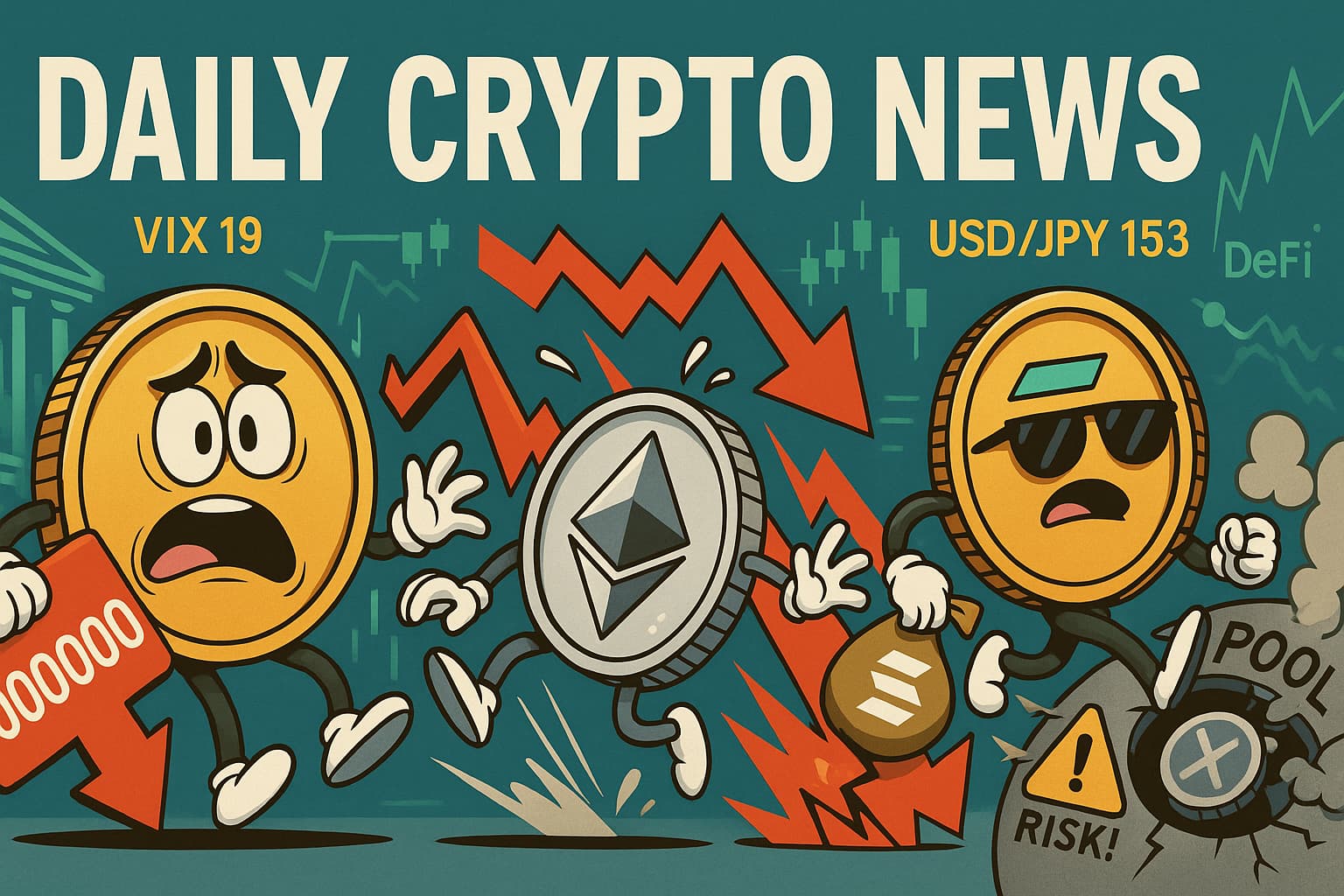 ビットコイン・イーサリアム・ソラナを擬人化し、赤い下向き矢印やVIX、USD/JPY、DeFiプールの警告を背景に配置した横長のアイキャッチ画像。左上にDaily crypto newsの英字タイトル。