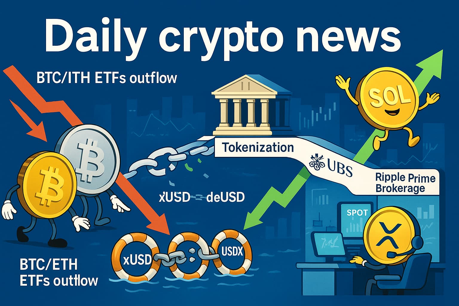 「Daily crypto news」の文字とともに、BTC/ETHの資金流出、Solana ETFの資金流入、xUSD→deUSD→USDXの連鎖デペッグ、Chainlink×UBSのトークン化、Rippleのプライムブローカレッジ開始を擬人化で表した横長イラスト。
